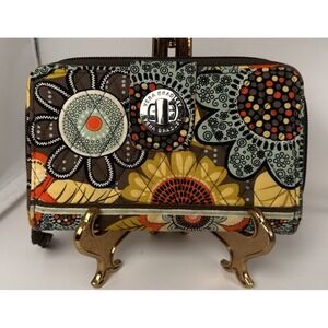 Beautiful Vera Bradley Turn Lock Wallet Purse Brown Orange Mustard Green Floral